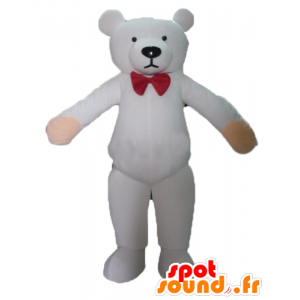 Orsacchiotto bianco mascotte con un arco nodo rosso - MASFR22639 - Mascotte orso