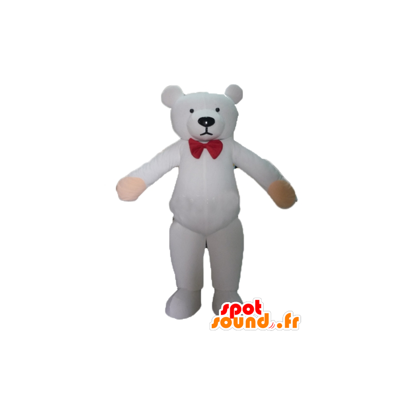 Orsacchiotto bianco mascotte con un arco nodo rosso - MASFR22639 - Mascotte orso