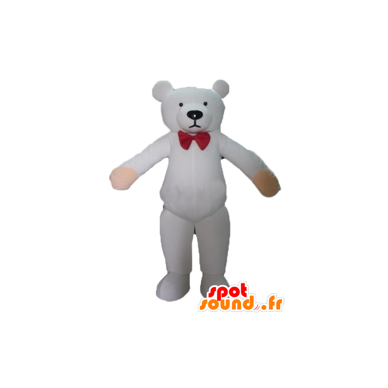 Peluche branco mascote com um nó arco vermelho - MASFR22639 - mascote do urso