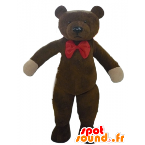 Ruskea nalle maskotti, jossa punainen perhonen solmu - MASFR22640 - Bear Mascot