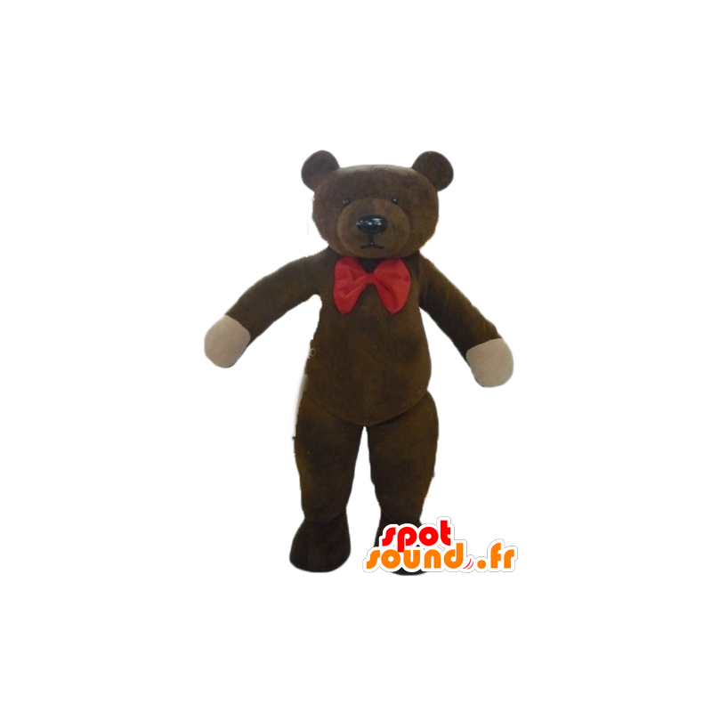 Brown teddy Maskottchen mit einem roten Bogen Knoten - MASFR22640 - Bär Maskottchen