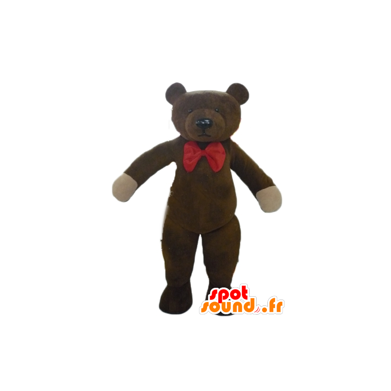 Ruskea nalle maskotti, jossa punainen perhonen solmu - MASFR22640 - Bear Mascot