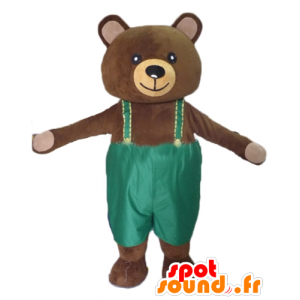 Mascotte de gros nounours marron, avec une salopette verte - MASFR22641 - Mascotte d'ours