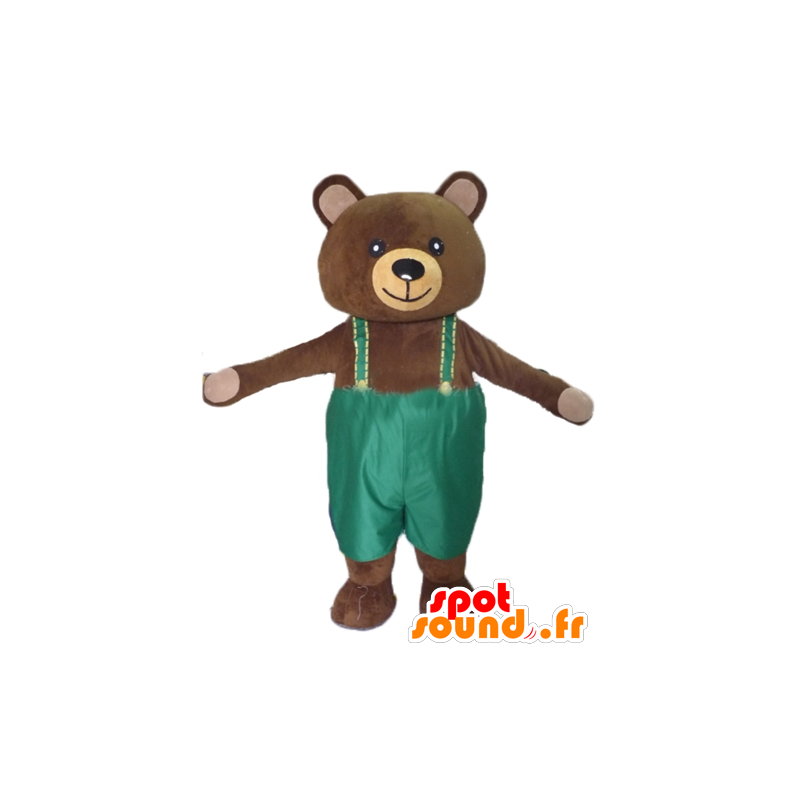 Mascotte de gros nounours marron, avec une salopette verte - MASFR22641 - Mascotte d'ours