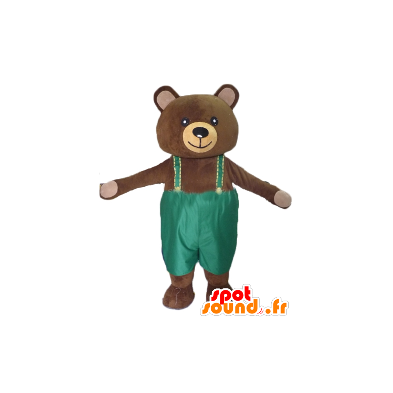 Storbrun bamse-maskot med grøn overall - Spotsound maskot