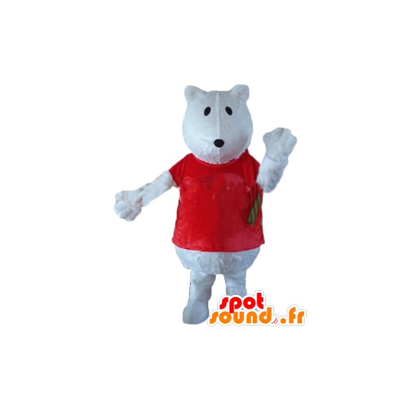 Mascotte d'ours blanc, de loup, avec un t-shirt rouge - MASFR22645 - Mascotte d'ours