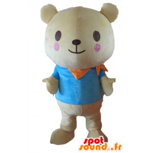 Mascot grossa beige orsacchiotto, con una camicia blu - MASFR22647 - Mascotte orso