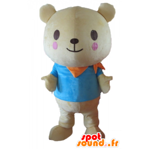 Mascotte grote teddybeer beige met een blauw shirt - MASFR22647 - Bear Mascot