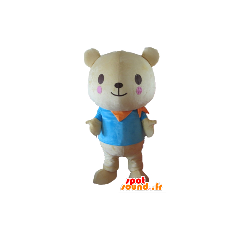 Mascot grossa beige orsacchiotto, con una camicia blu - MASFR22647 - Mascotte orso