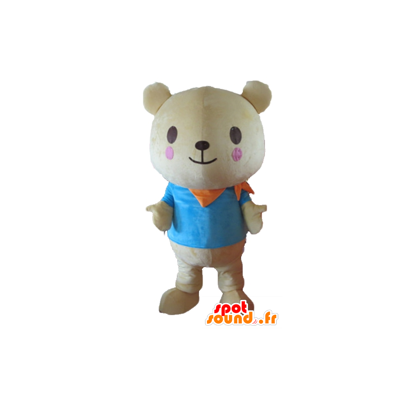 Mascotte de gros nounours beige, avec un t-shirt bleu - MASFR22647 - Mascotte d'ours