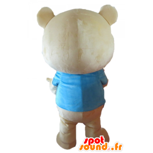 Mascot grossa beige orsacchiotto, con una camicia blu - MASFR22647 - Mascotte orso