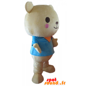 Mascot grossa beige orsacchiotto, con una camicia blu - MASFR22647 - Mascotte orso