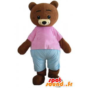 Mascot Small brown bear, brown with a pink and blue outfit - MASFR22648 - Bear mascot