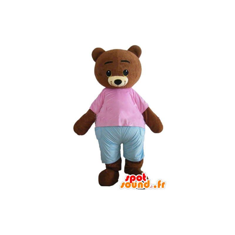 Lille brun bjørnemaskot, brun, med en lyserød og blå tøj -