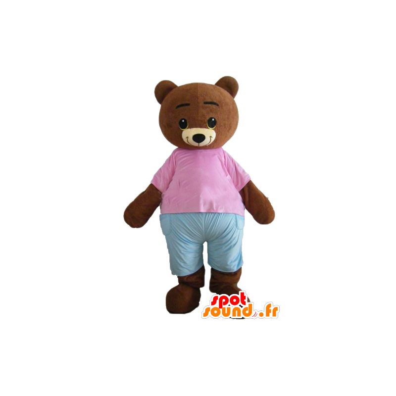 Mascot Small brown bear, brown with a pink and blue outfit - MASFR22648 - Bear mascot