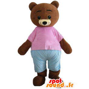 Mascot Pequeño oso marrón, marrón con una rosa y traje azul - MASFR22648 - Oso mascota