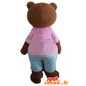 Mascot Kleiner Braunbär, braun mit einem rosa und blauen Outfit - MASFR22648 - Bär Maskottchen