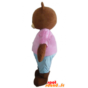 Mascotte de Petit ours brun, marron, avec une tenue rose et bleue - MASFR22648 - Mascotte d'ours