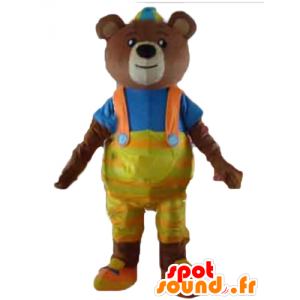 Mascot oso marrón con un overol amarillo y una camiseta - MASFR22650 - Oso mascota