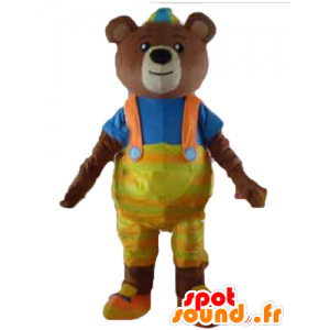 Mascotte bruine beer met een gele overall en een t-shirt - MASFR22650 - Bear Mascot