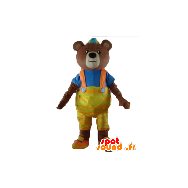 Mascot oso marrón con un overol amarillo y una camiseta - MASFR22650 - Oso mascota