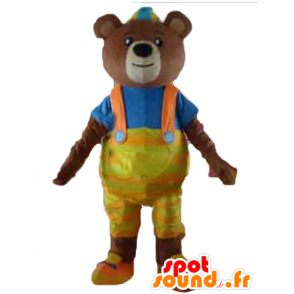 Mascot orso bruno con un tuta gialla e una t-shirt - MASFR22650 - Mascotte orso