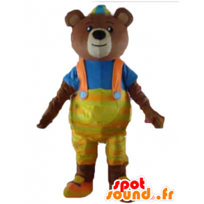Mascot urso marrom com um macacão amarelo e uma t-shirt - MASFR22650 - mascote do urso