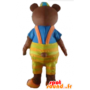 Mascot brown bear with a yellow overalls and a t-shirt - MASFR22650 - Bear mascot