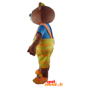 Mascot orso bruno con un tuta gialla e una t-shirt - MASFR22650 - Mascotte orso