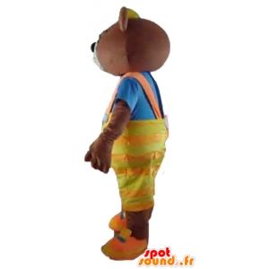 Mascot oso marrón con un overol amarillo y una camiseta - MASFR22650 - Oso mascota