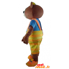 Mascot urso marrom com um macacão amarelo e uma t-shirt - MASFR22650 - mascote do urso