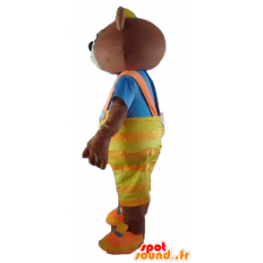 Mascotte bruine beer met een gele overall en een t-shirt - MASFR22650 - Bear Mascot