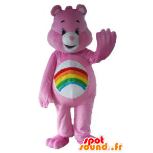 Mascotte de Bisounours rose, avec un arc-en-ciel sur le ventre - MASFR22652 - Mascotte d'ours