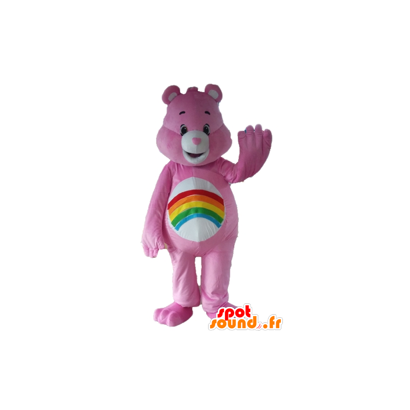 Mascot rosa Care Bears, con un cielo de arco iris sobre su estómago - MASFR22652 - Oso mascota