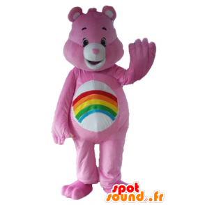 Mascotte di Bisounours rosa, con arcobaleno sulla pancia - Mascotte orso - MASFR22652 - SpotSound.fr