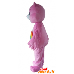 Mascotte di Bisounours rosa, con arcobaleno sulla pancia - Mascotte orso - MASFR22652 - SpotSound.fr