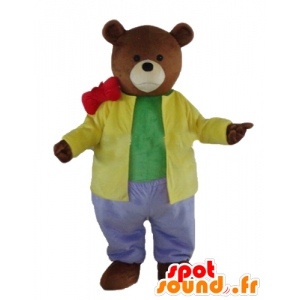 Brown bear mascot dressed in a colorful outfit - MASFR22655 - Bear mascot