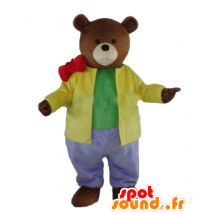 Brunbjörnmaskot klädd i en mycket färgglad outfit - Spotsound