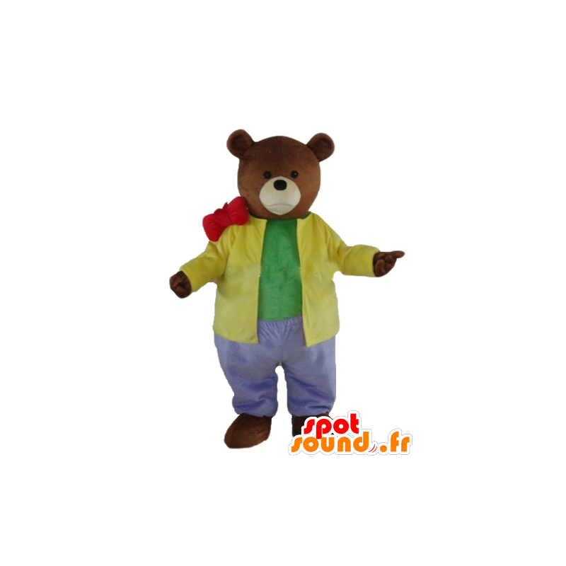 Brun bjørnemaskot klædt i et meget farverigt tøj - Spotsound