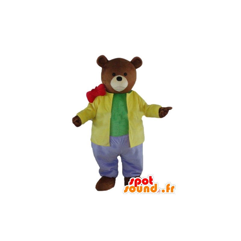 Mascote do urso marrom vestida com uma roupa colorida - MASFR22655 - mascote do urso