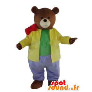 Mascote do urso marrom vestida com uma roupa colorida - MASFR22655 - mascote do urso