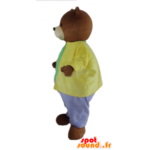 Mascote do urso marrom vestida com uma roupa colorida - MASFR22655 - mascote do urso