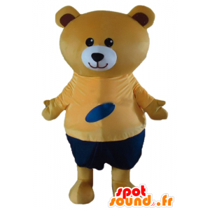 Large beige teddy mascot orange and blue outfit - MASFR22656 - Bear mascot