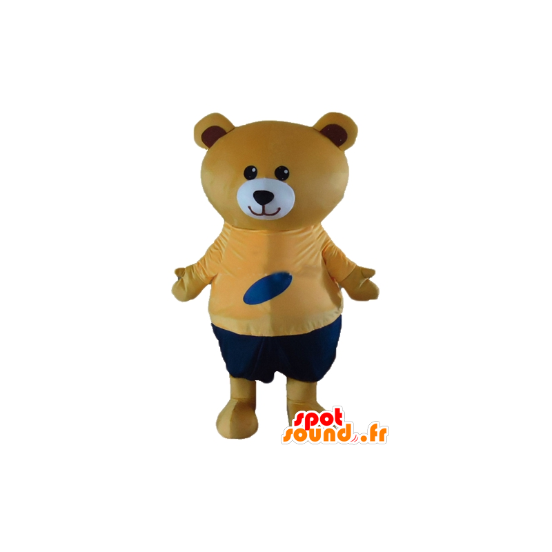 Large beige teddy mascot orange and blue outfit - MASFR22656 - Bear mascot