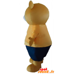 Large beige teddy mascot orange and blue outfit - MASFR22656 - Bear mascot