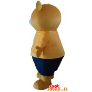 Large beige teddy mascot orange and blue outfit - MASFR22656 - Bear mascot