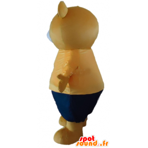 Stor beige nallebjörnmaskot i orange och blå outfit - Spotsound