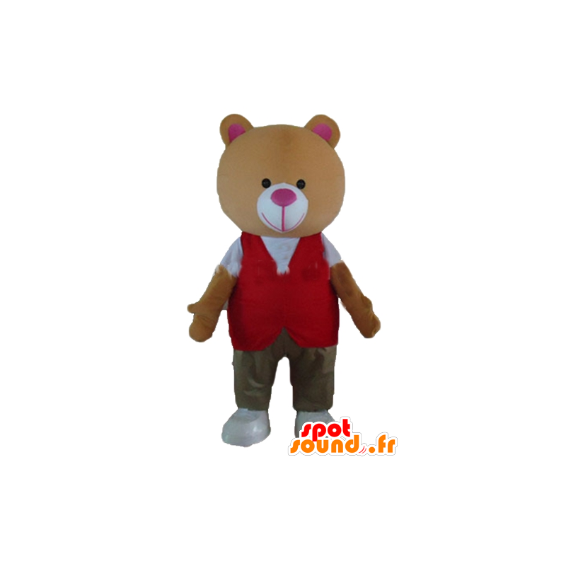 Teddy mascot orange plush, with a colorful outfit - MASFR22657 - Bear mascot