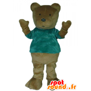 Mascotte brown teddy bear with a green t-shirt - MASFR22660 - Bear mascot