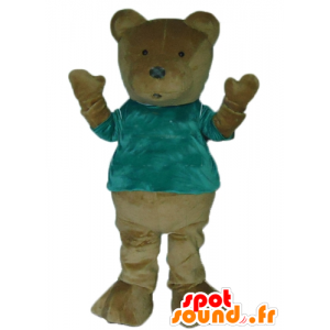 Mascotte marrón oso de peluche con una camiseta verde - MASFR22660 - Oso mascota